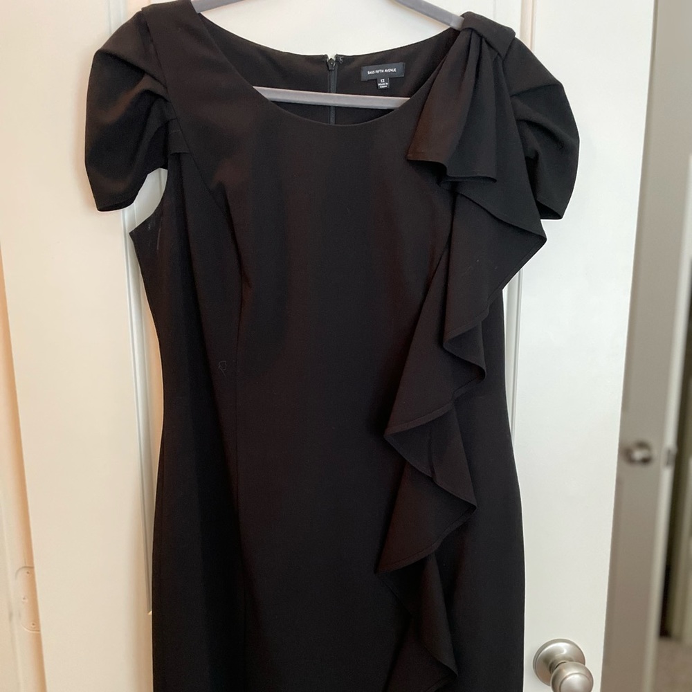 Sams Fifth Avenue black knee length dress with cascading ruffles on one side